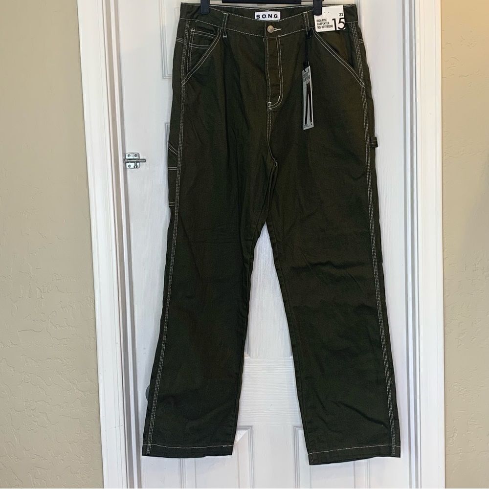 SONG Jeans High Rise Carpenter 90s Boyfriend Olive Color Size 15/32